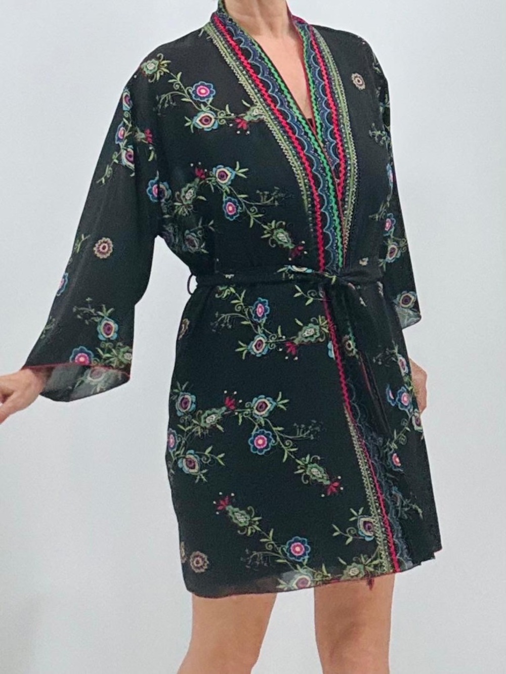 Natori Abstract Floral Print Loungewear Boho Belted Kimono Robe